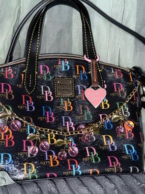 Dooney & Bourke Black Multicolor Logo Satchel with Pink Heart Charm